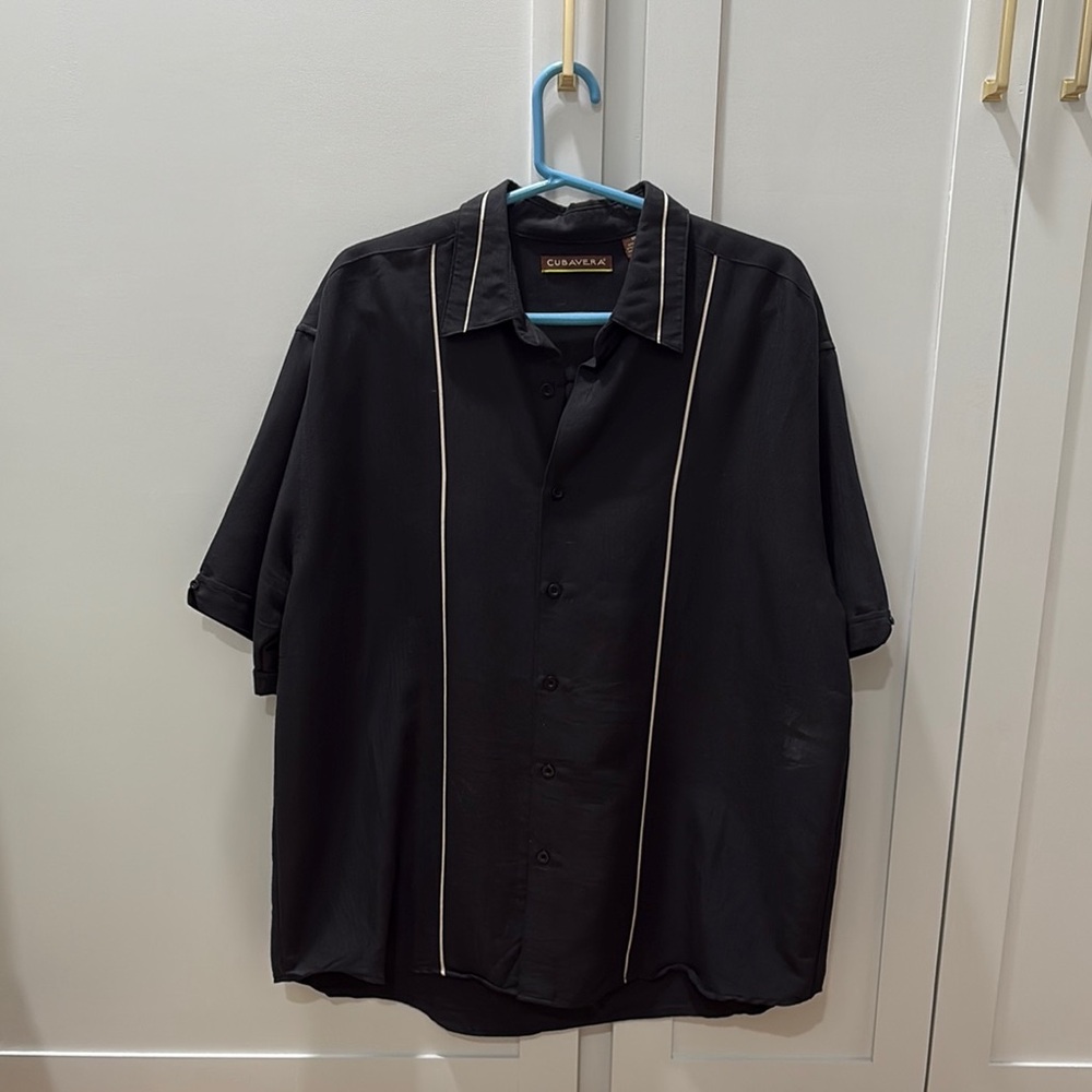 Black Short Sleeve Shirt with Beige Stripes